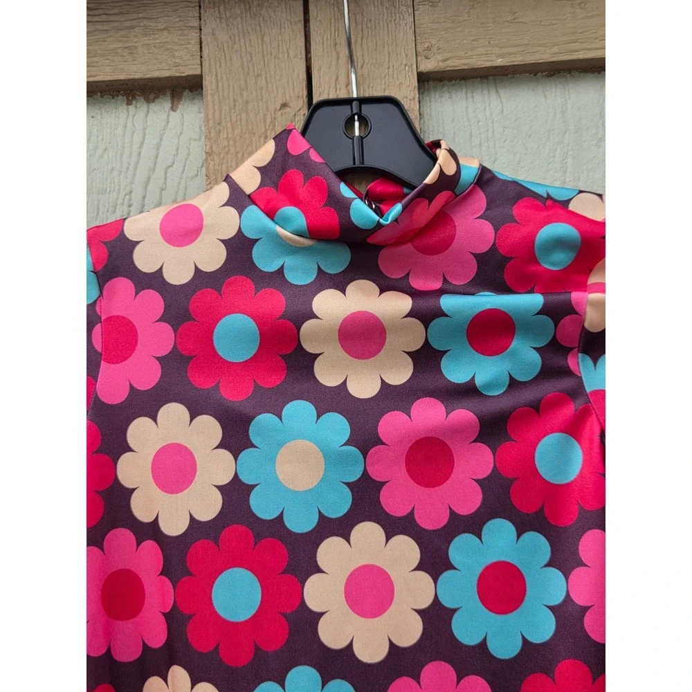 Weissman Kids Retro Floral Bell Sleeve Dance Dress Mock Neck Pink Large Bloomer